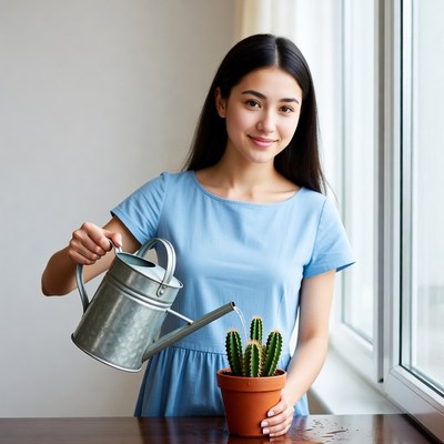 Asian woman watering cactus plant
