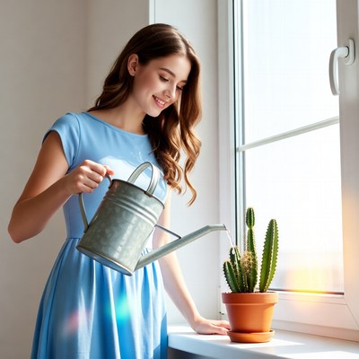Woman watering cactus by window