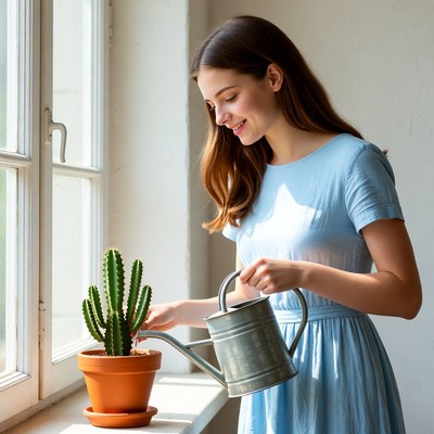 Woman watering cactus by window