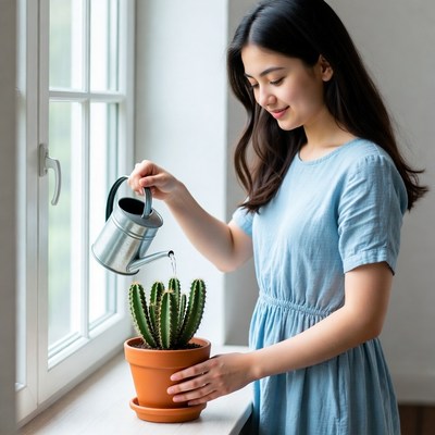 Asian woman watering cactus plant