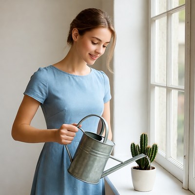 Woman watering cactus plant