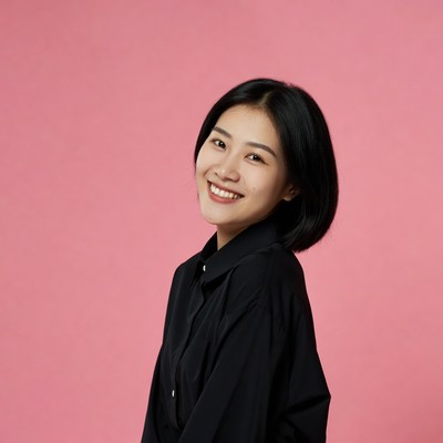 Asian woman smiling on pink background