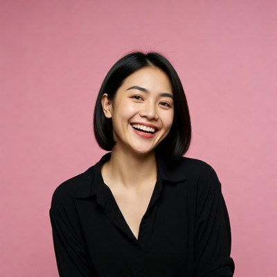 Asian woman smiling on pink background