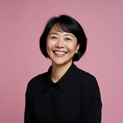 Asian woman smiling on pink background