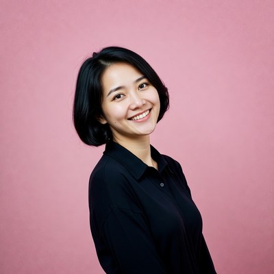 Asian woman smiling in black polo