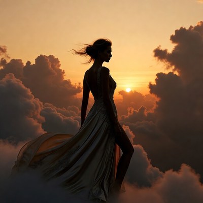 Silhouette woman in gown at sunset