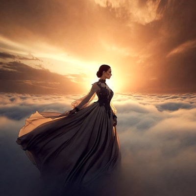 Woman in flowing gown on clouds