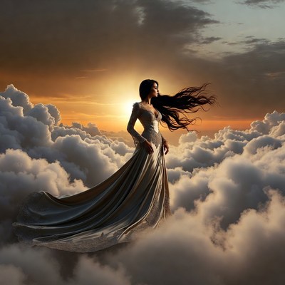 Woman in flowing gown among sunset clouds