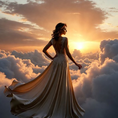 Woman in flowing gown among clouds