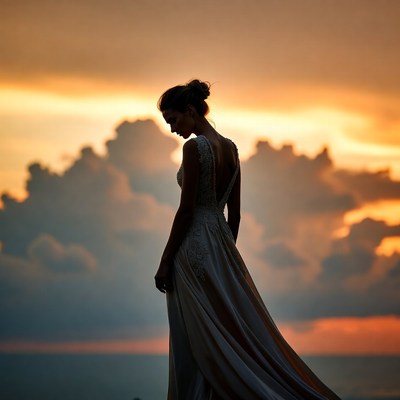 Silhouette of woman in gown at sunset