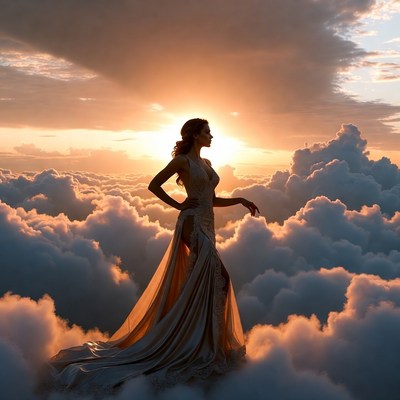 Woman in gown on clouds at sunset