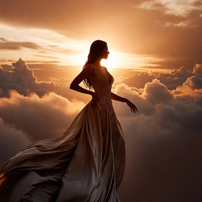 Silhouette woman in gown at sunset