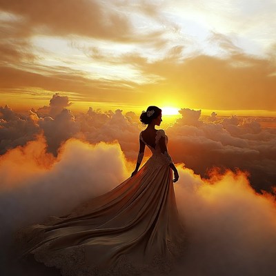 Woman in gown at sunset clouds