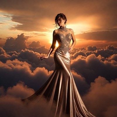 Woman in gold gown among sunset clouds