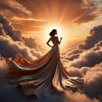 Woman in flowing gown amid sunset clouds