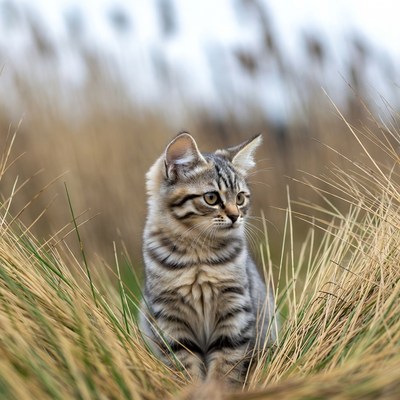 Tabby kitten in tall grass