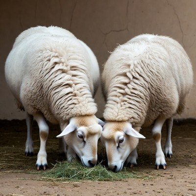 Two white sheep eating hay