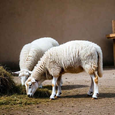 Two white sheep eating hay