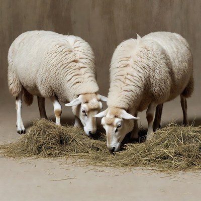 Two sheep eating hay