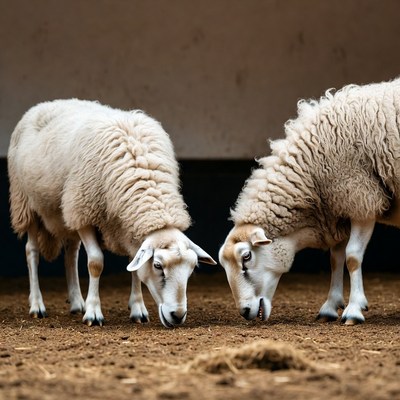Two white sheep eating hay