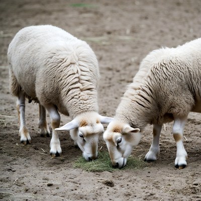 Two white sheep eating grass