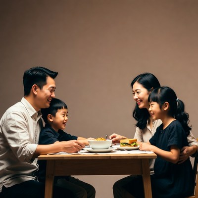 Asian family eating dinner together