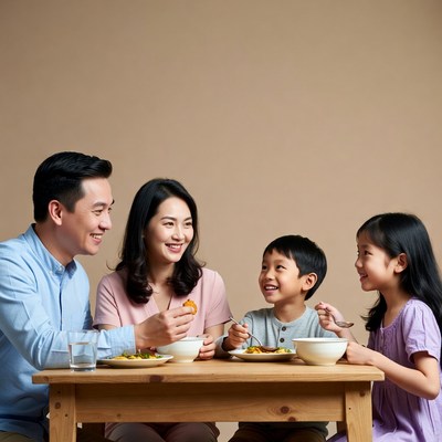 Asian family eating dinner together