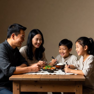 Asian family eating dinner together