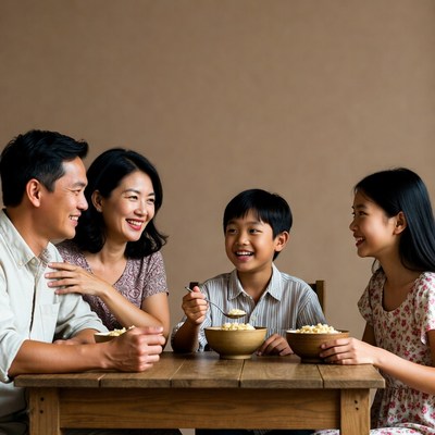 Asian family eating rice together