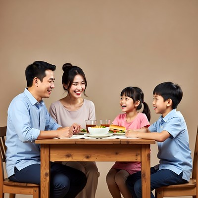 Asian family eating dinner together