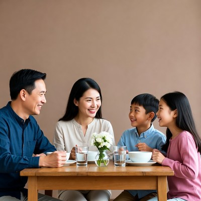 Asian family eating dinner together