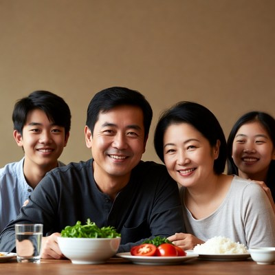 Asian family smiling at dinner table