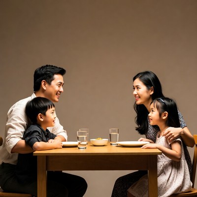 Asian family eating dinner together