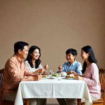 Asian family eating dinner together