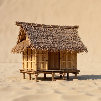 Miniature bamboo house on sand