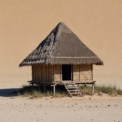 Traditional Thatched Hut on Sandy Beach