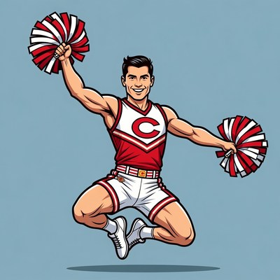 Muscular male cheerleader jumping with pom poms