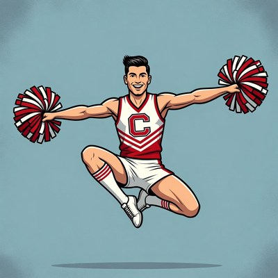 Male cheerleader jumping with pom poms