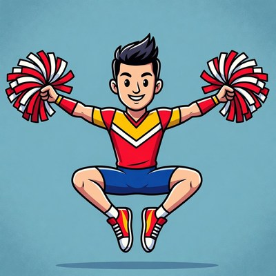 Cartoon Asian male cheerleader with pom poms
