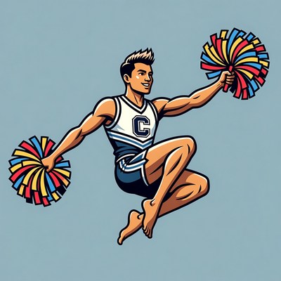 Male cheerleader jumping with pom poms