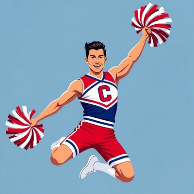 Muscular male cheerleader jumping with pom poms