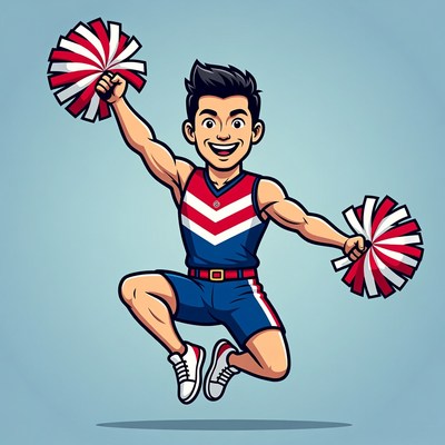 Male Cheerleader Jumping with Pom Poms