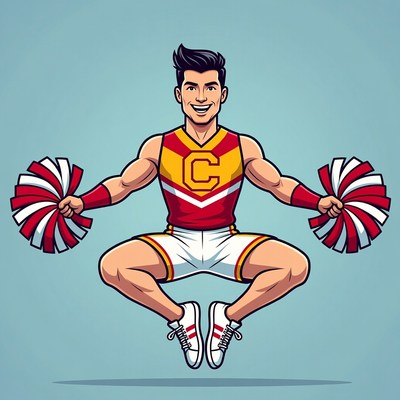 Muscular male cheerleader jumping with pom poms