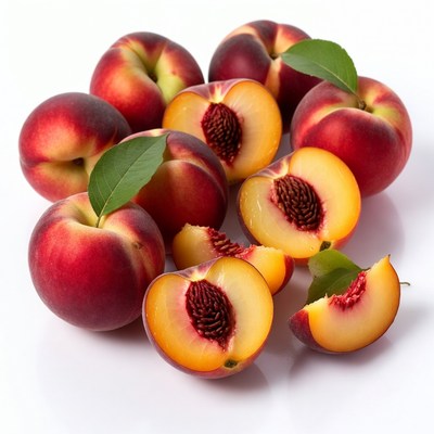 Fresh ripe peaches with leaves