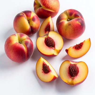 Fresh ripe peaches whole and sliced