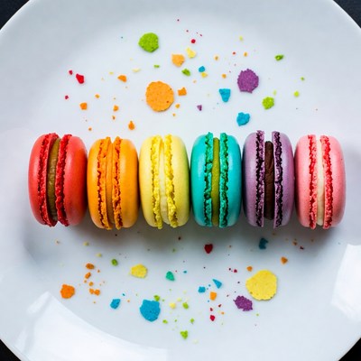 Rainbow Macarons on White Plate