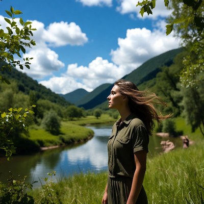 Woman standing by river in mountains