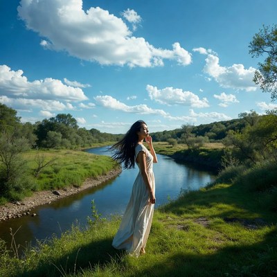 Woman in white dress by river