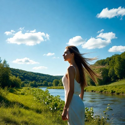 Woman in white dress by river