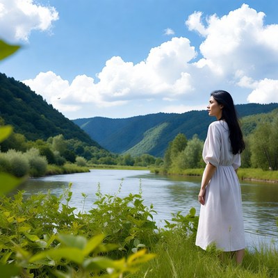 Woman standing by river in mountains